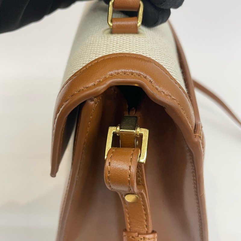 Saint Laurent/聖羅蘭金標字母米色拼棕色手提單肩斜挎包-13