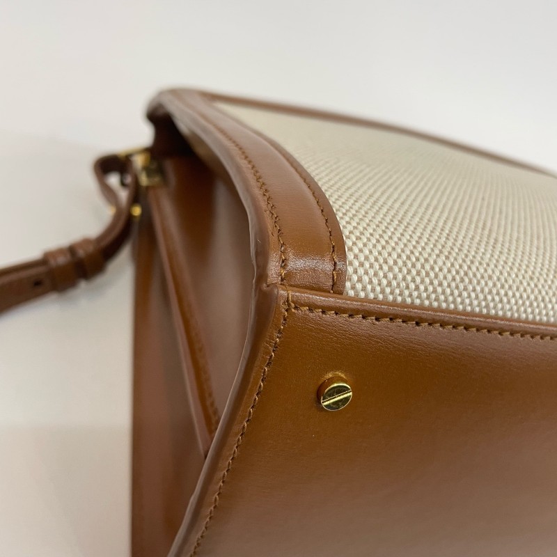 Saint Laurent/聖羅蘭金標字母米色拼棕色手提單肩斜挎包-14