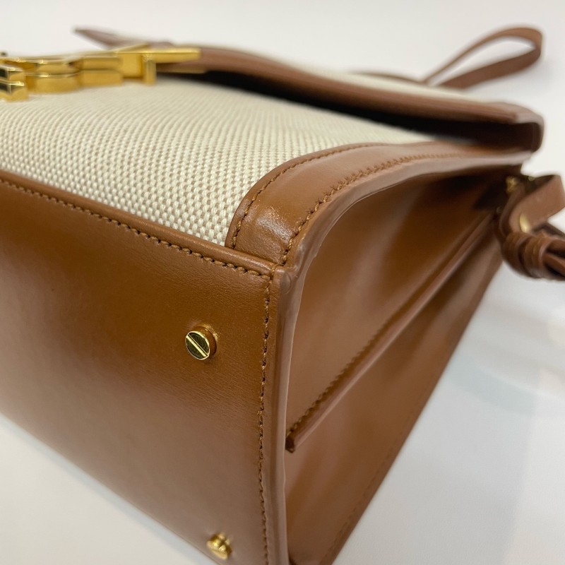 Saint Laurent/聖羅蘭金標字母米色拼棕色手提單肩斜挎包-15