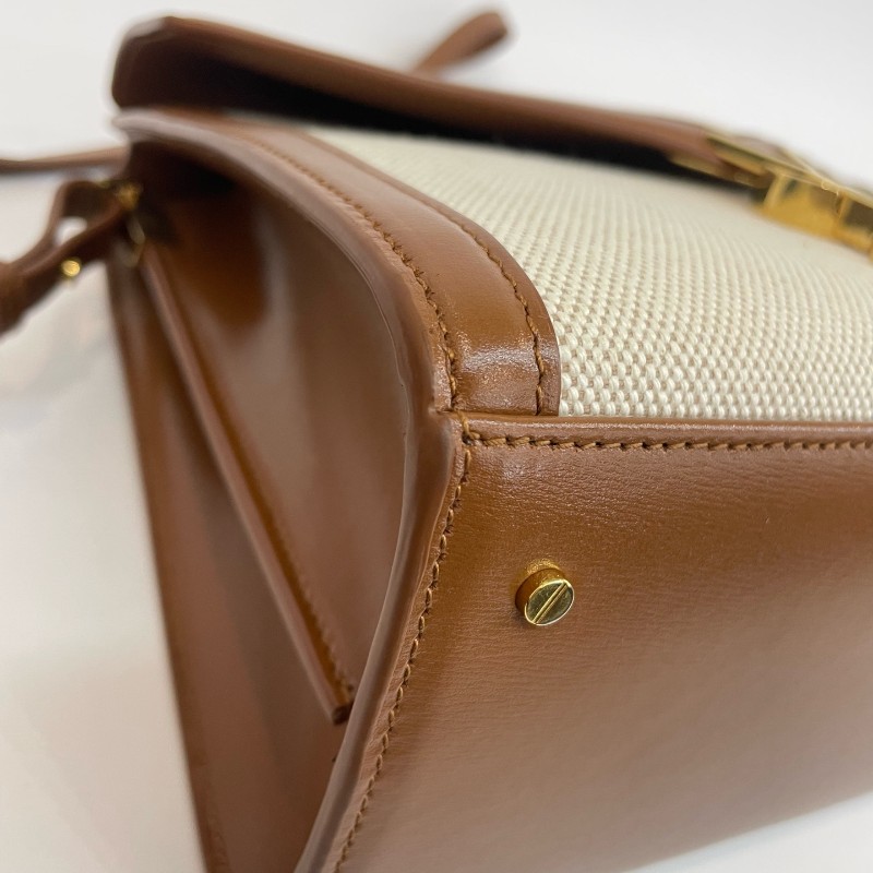 Saint Laurent/聖羅蘭金標字母米色拼棕色手提單肩斜挎包-16