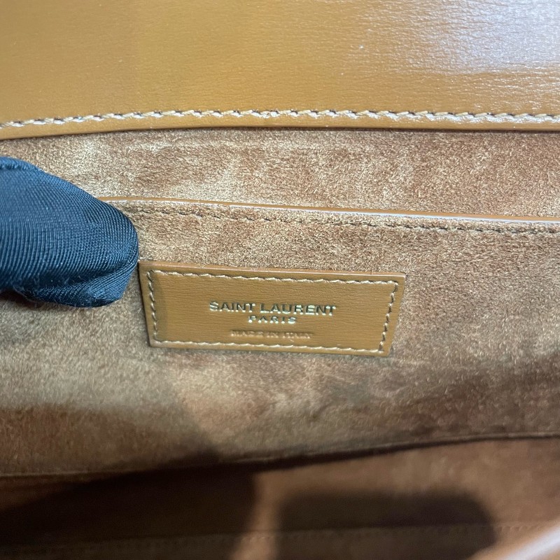 Saint Laurent/聖羅蘭金標字母米色拼棕色手提單肩斜挎包-18