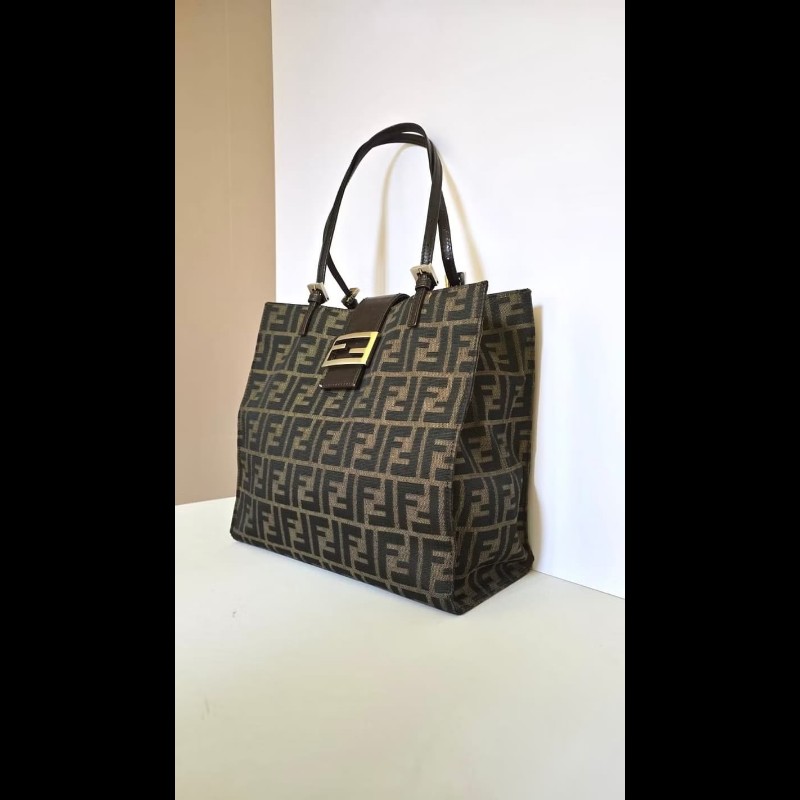 【LA LUNE】絕版古董包 稀有Fendi黑咖啡色老花側背包 單肩包 托特包 中古-3