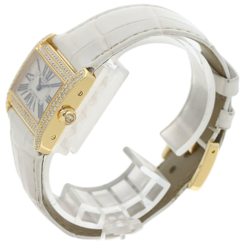 卡地亞 WA301071 迷你戰車 Divan 鑽石腕錶，18K 金，皮革錶帶，鑲鑽，男款-1