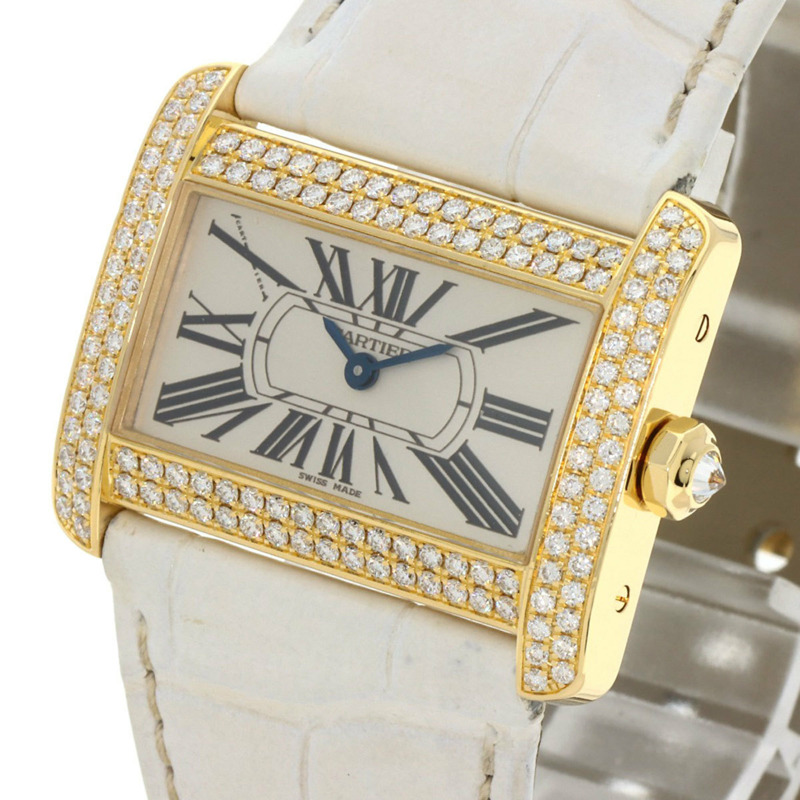 卡地亞 WA301071 迷你戰車 Divan 鑽石腕錶，18K 金，皮革錶帶，鑲鑽，男款-2