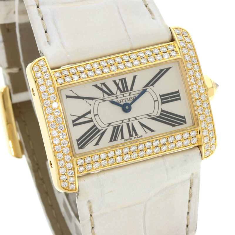 卡地亞 WA301071 迷你戰車 Divan 鑽石腕錶，18K 金，皮革錶帶，鑲鑽，男款-3