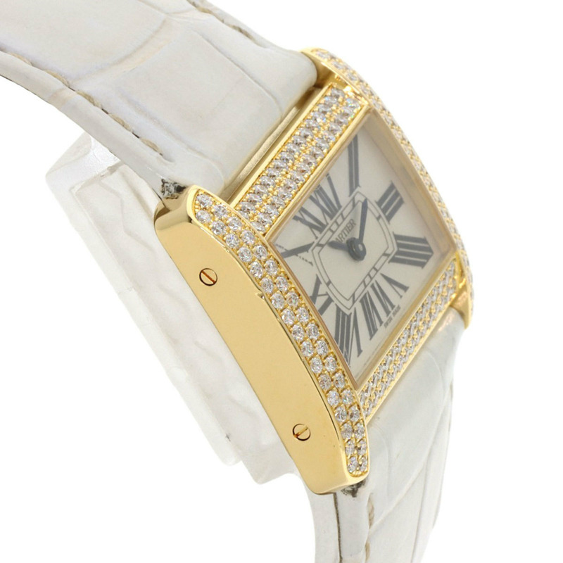 卡地亞 WA301071 迷你戰車 Divan 鑽石腕錶，18K 金，皮革錶帶，鑲鑽，男款-5