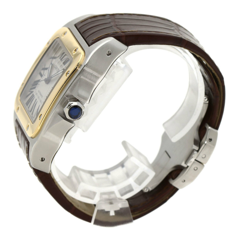 卡地亞 W20072X7 Santos 100 LM 男士腕錶，精鋼錶殼搭配皮革錶帶和 18K 黃金錶圈-1