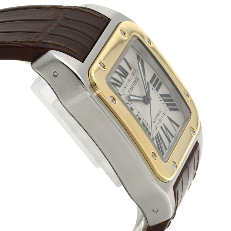 卡地亞 W20072X7 Santos 100 LM 男士腕錶，精鋼錶殼搭配皮革錶帶和 18K 黃金錶圈-5