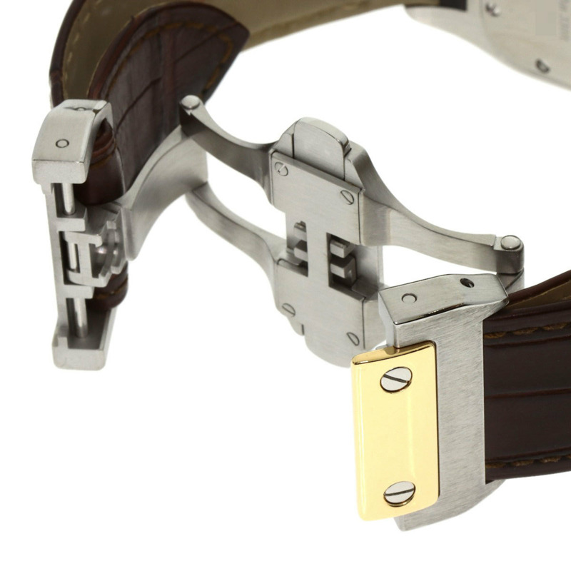 卡地亞 W20072X7 Santos 100 LM 男士腕錶，精鋼錶殼搭配皮革錶帶和 18K 黃金錶圈-7