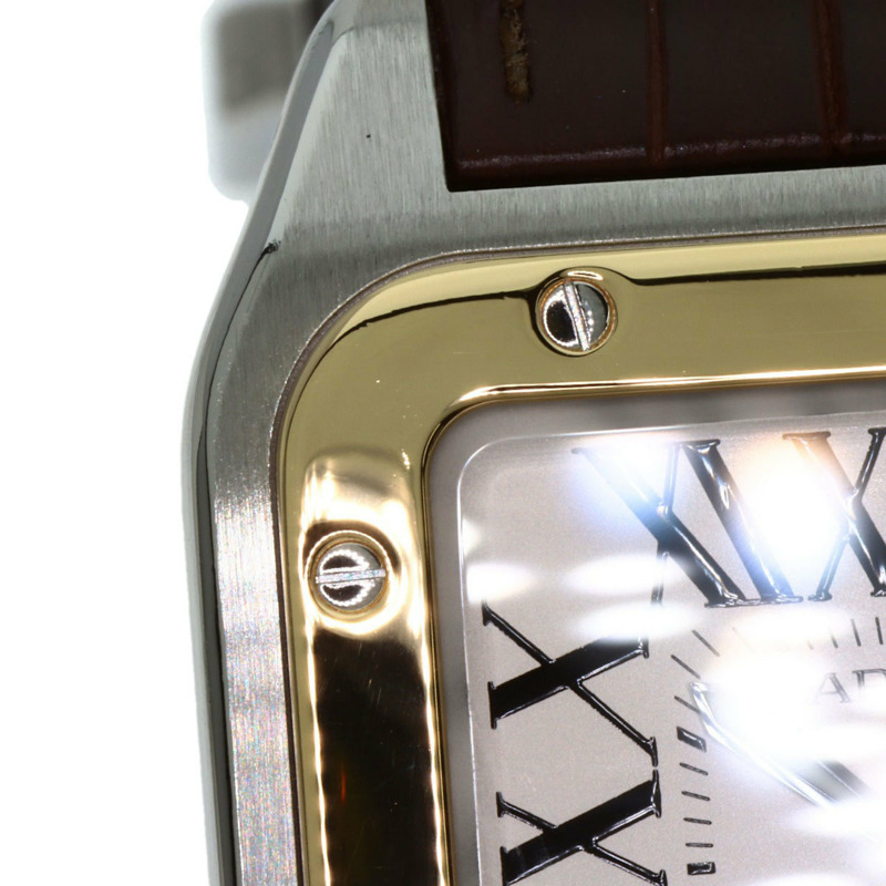 卡地亞 W20072X7 Santos 100 LM 男士腕錶，精鋼錶殼搭配皮革錶帶和 18K 黃金錶圈-18