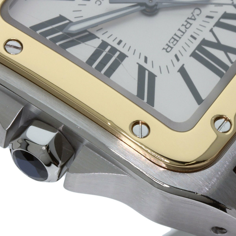 卡地亞 W20072X7 Santos 100 LM 男士腕錶，精鋼錶殼搭配皮革錶帶和 18K 黃金錶圈-19