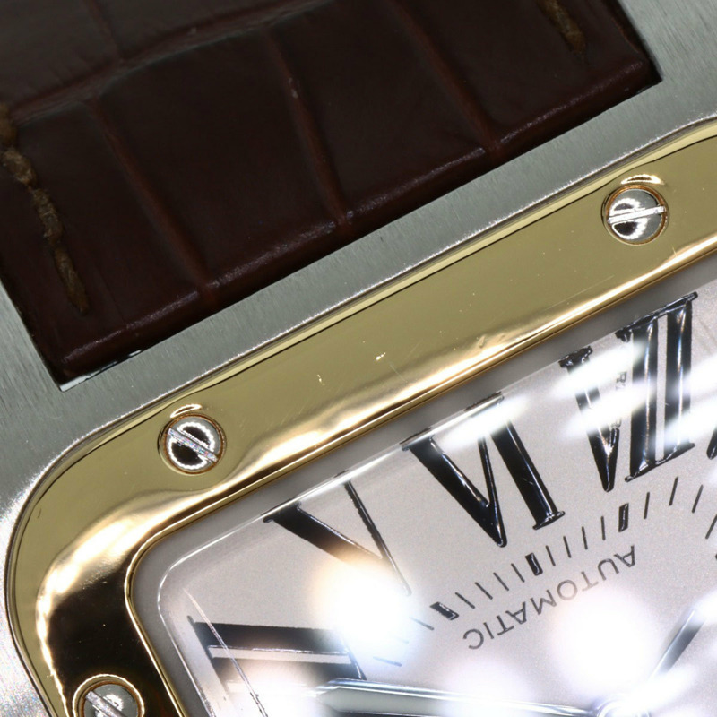 卡地亞 W20072X7 Santos 100 LM 男士腕錶，精鋼錶殼搭配皮革錶帶和 18K 黃金錶圈-20