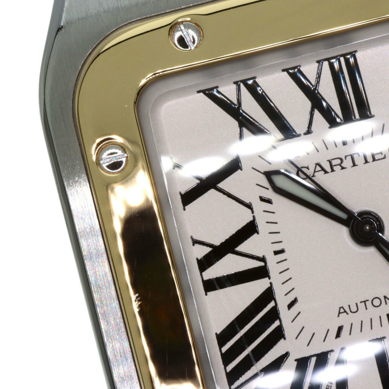 卡地亞 W20072X7 Santos 100 LM 男士腕錶，精鋼錶殼搭配皮革錶帶和 18K 黃金錶圈-24