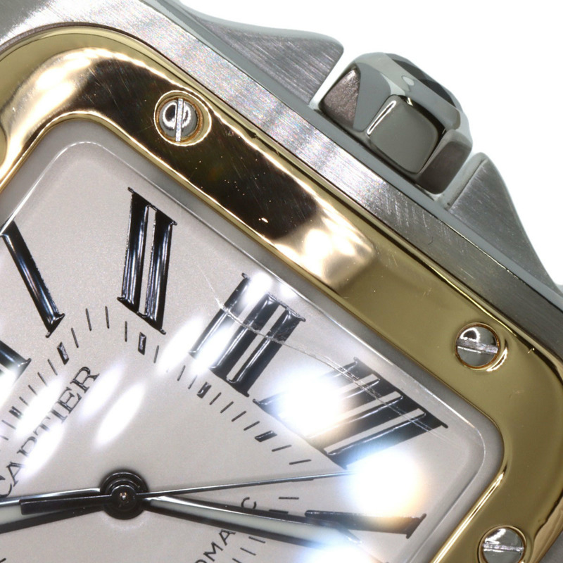 卡地亞 W20072X7 Santos 100 LM 男士腕錶，精鋼錶殼搭配皮革錶帶和 18K 黃金錶圈-25