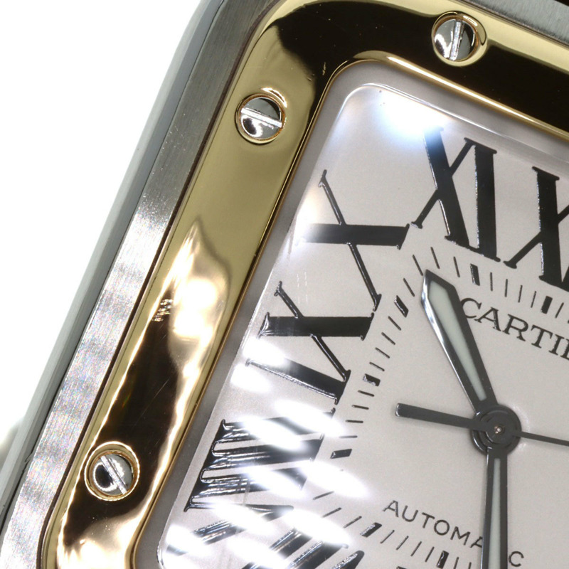 卡地亞 W20072X7 Santos 100 LM 男士腕錶，精鋼錶殼搭配皮革錶帶和 18K 黃金錶圈-26