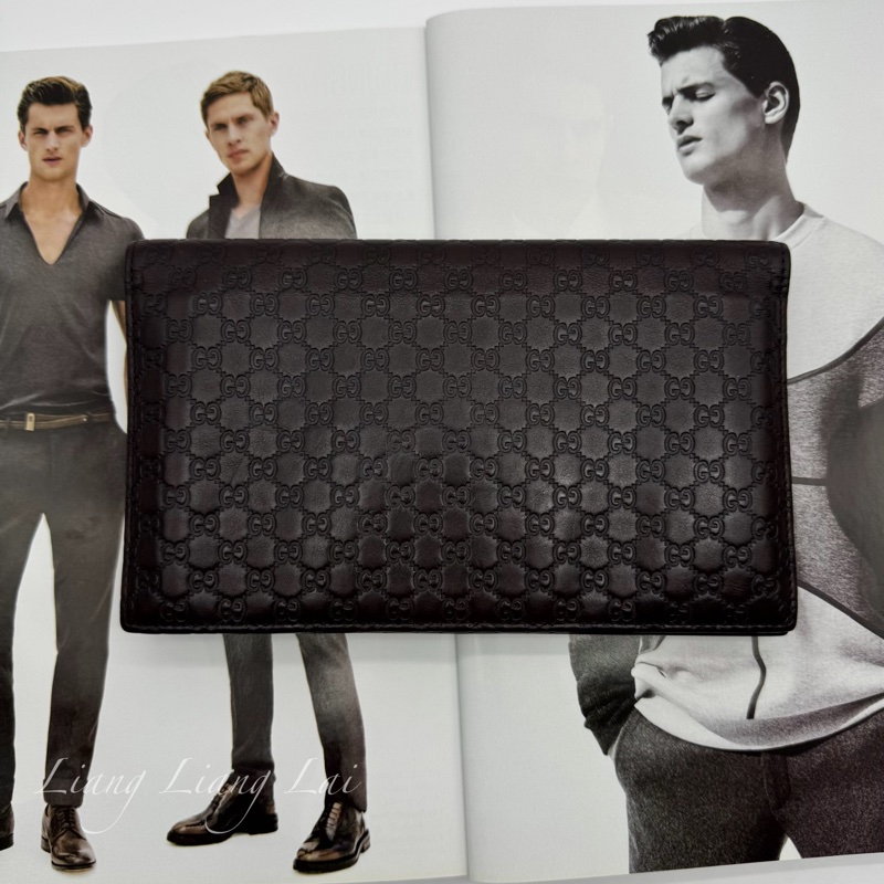 GUCCI Guccissima 經典GG壓紋深咖啡色扣式長夾-1