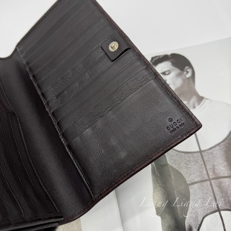 GUCCI Guccissima 經典GG壓紋深咖啡色扣式長夾-2