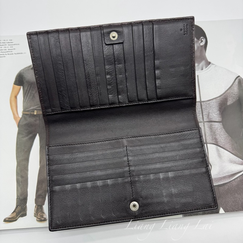 GUCCI Guccissima 經典GG壓紋深咖啡色扣式長夾-5