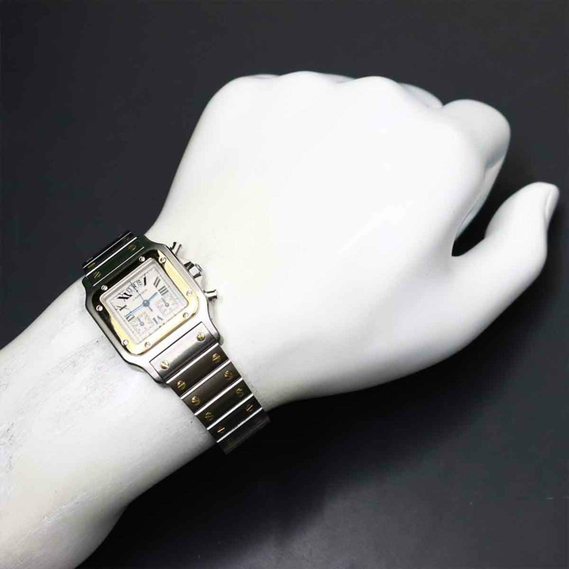 卡地亞 Santos Galbe LM Chrono Reflex 萬年曆雙色男士腕錶 W20042C4，日期顯示，象牙白/黃金石英機芯-3