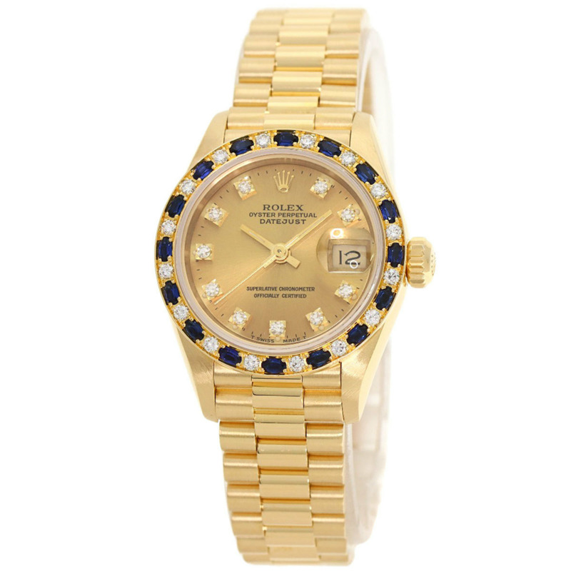 勞力士 69198SA Datejust 藍寶石鑽石腕錶，18K黃金錶殼，鑲嵌鑽石和藍寶石，女士款-0