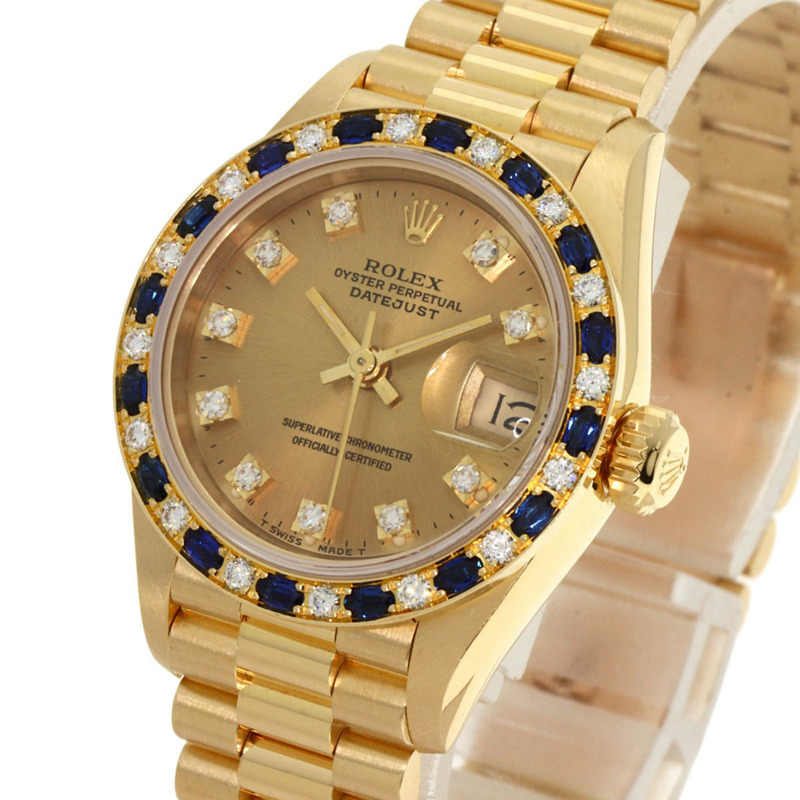 勞力士 69198SA Datejust 藍寶石鑽石腕錶，18K黃金錶殼，鑲嵌鑽石和藍寶石，女士款-2