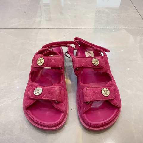 98新Chanel香奈兒 粉紅色 魔術貼絨面涼鞋 37.5碼