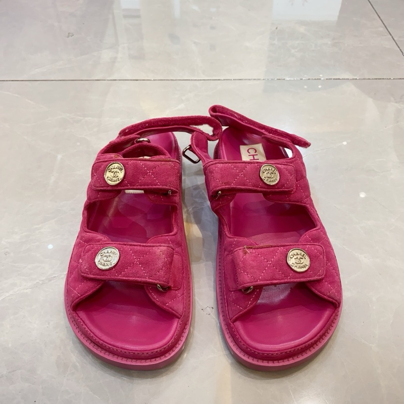 98新Chanel香奈兒 粉紅色 魔術貼絨面涼鞋 37.5碼-0