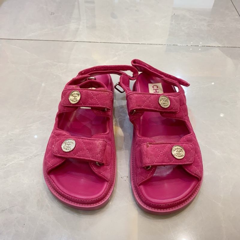 98新Chanel香奈兒 粉紅色 魔術貼絨面涼鞋 37.5碼-1