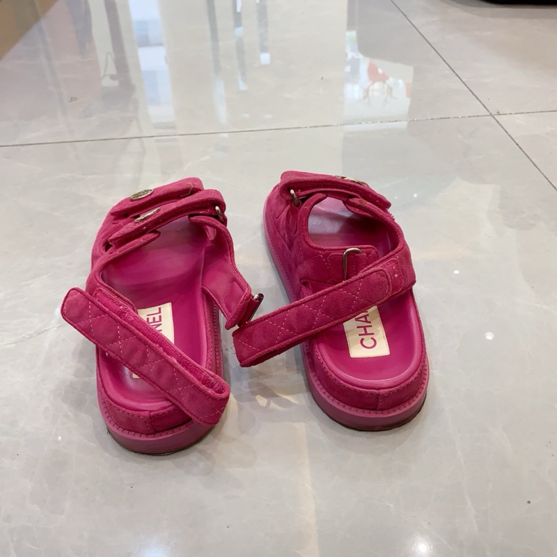 98新Chanel香奈兒 粉紅色 魔術貼絨面涼鞋 37.5碼-6