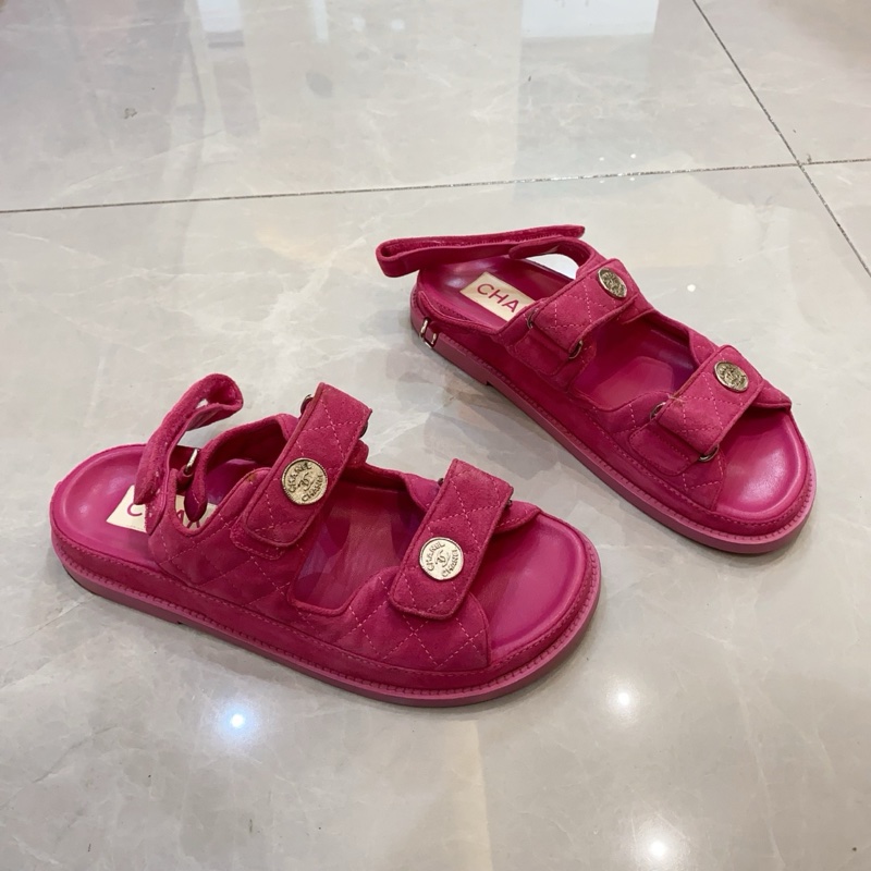 98新Chanel香奈兒 粉紅色 魔術貼絨面涼鞋 37.5碼-7