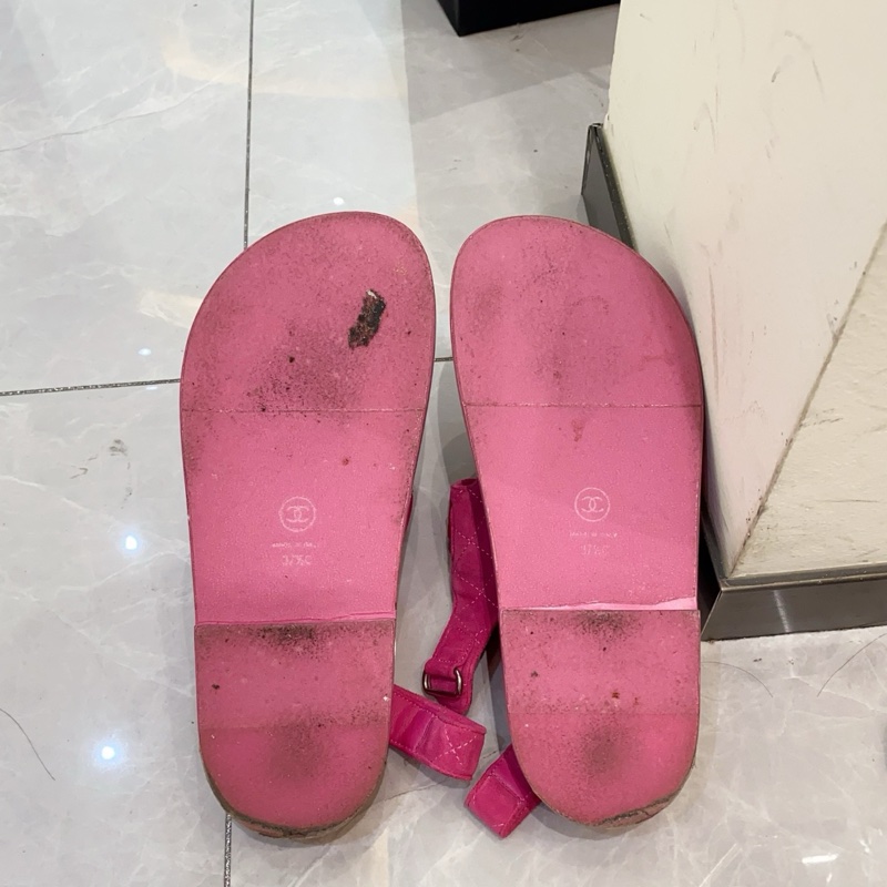 98新Chanel香奈兒 粉紅色 魔術貼絨面涼鞋 37.5碼-8