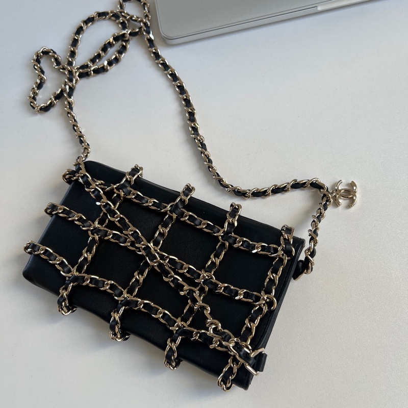 ✨Chanel 黑金穿鏈手機包 鏈條超美淡金色 有卡-2