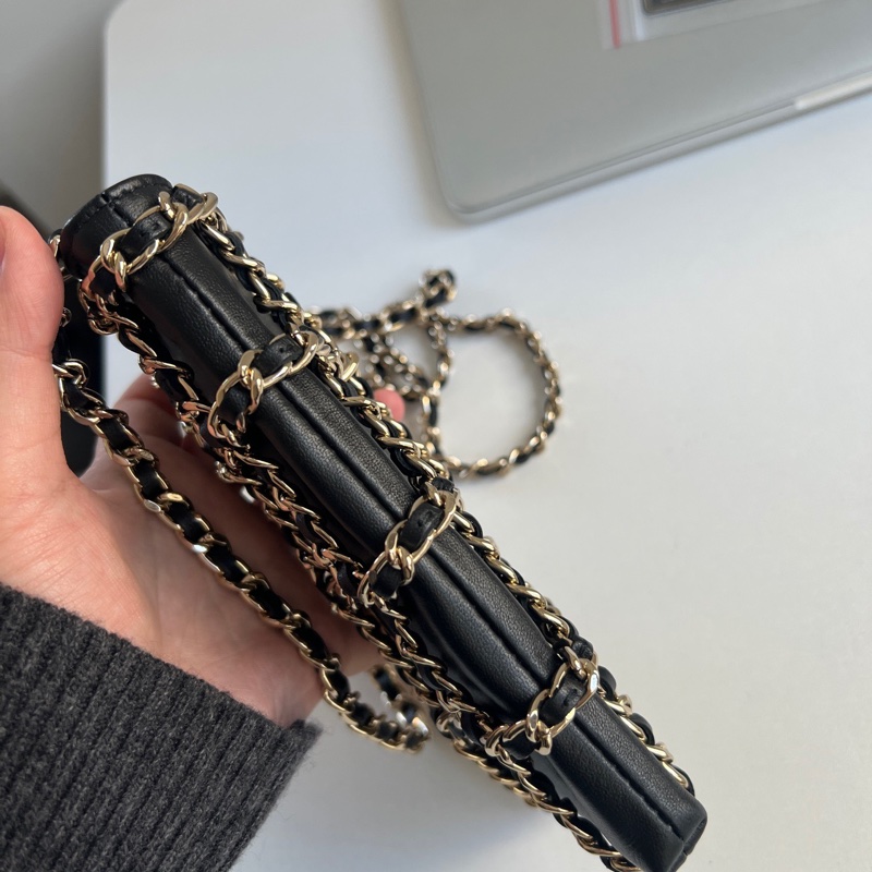 ✨Chanel 黑金穿鏈手機包 鏈條超美淡金色 有卡-5