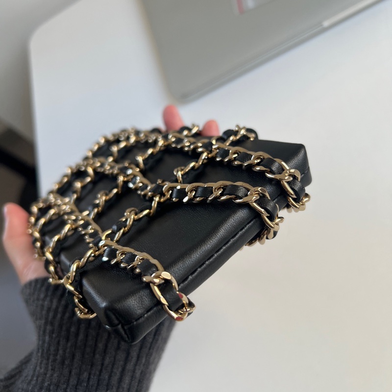 ✨Chanel 黑金穿鏈手機包 鏈條超美淡金色 有卡-6
