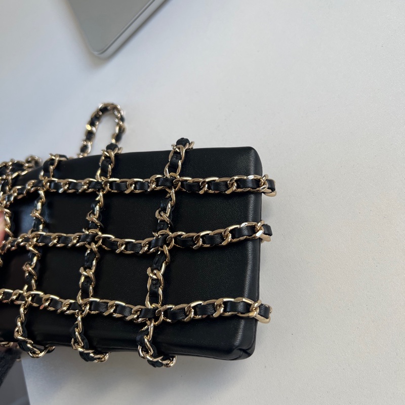 ✨Chanel 黑金穿鏈手機包 鏈條超美淡金色 有卡-8
