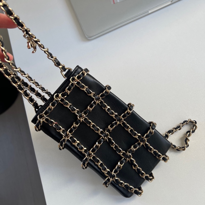 ✨Chanel 黑金穿鏈手機包 鏈條超美淡金色 有卡-9