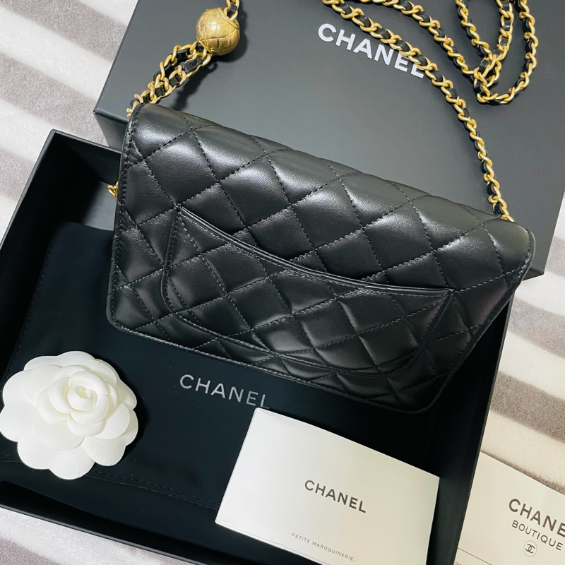 全新台灣專櫃購入 CHANEL 香奈兒 黑色小羊皮 金球鏈帶皮夾 黑色金球 WOC 黑色金鏈 鏈帶可調式 金球款 全配有購證 全球5年保固-1
