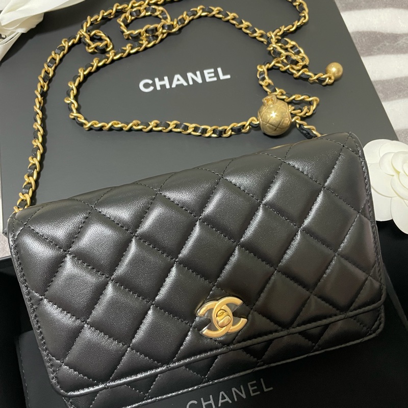 全新台灣專櫃購入 CHANEL 香奈兒 黑色小羊皮 金球鏈帶皮夾 黑色金球 WOC 黑色金鏈 鏈帶可調式 金球款 全配有購證 全球5年保固-6