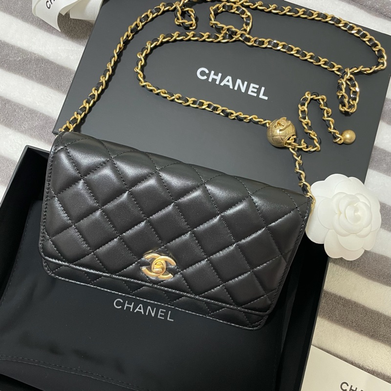 全新台灣專櫃購入 CHANEL 香奈兒 黑色小羊皮 金球鏈帶皮夾 黑色金球 WOC 黑色金鏈 鏈帶可調式 金球款 全配有購證 全球5年保固-8