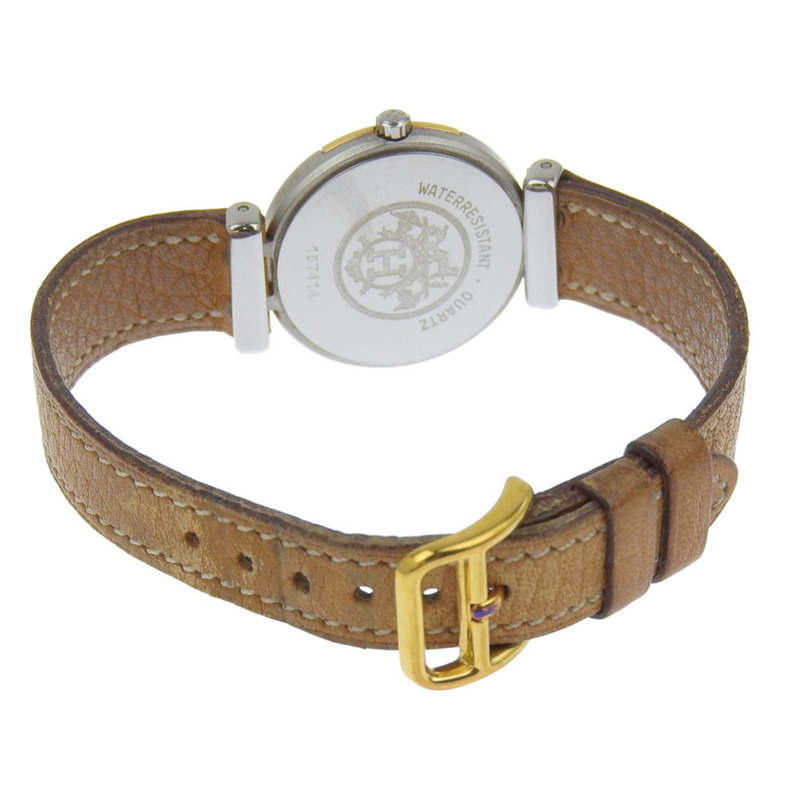 愛馬仕溫莎女士腕錶，不銹鋼和皮革錶帶，石英機芯，指針式顯示，米色錶盤-3