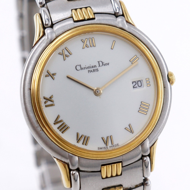 Christian Dior 45.146 鍍金不鏽鋼石英指針式男錶，白色錶盤-2