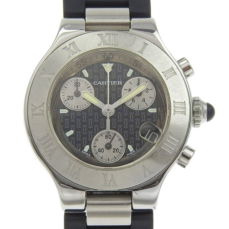 卡地亞 Chronoscaph Must 21 W10198U2 女士精鋼及橡膠石英計時腕錶，黑色錶盤-0