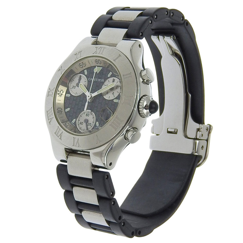 卡地亞 Chronoscaph Must 21 W10198U2 女士精鋼及橡膠石英計時腕錶，黑色錶盤-1