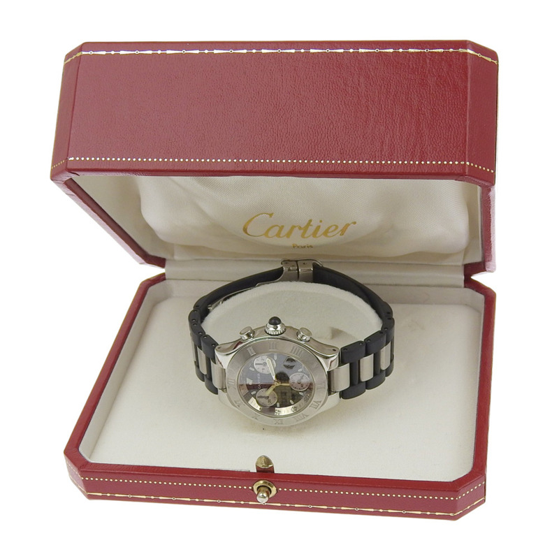 卡地亞 Chronoscaph Must 21 W10198U2 女士精鋼及橡膠石英計時腕錶，黑色錶盤-7