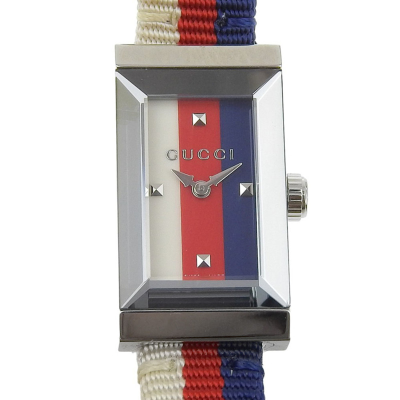 Gucci G Frame Tricolore 女士腕錶 YA147502/147.5 不鏽鋼帆布錶殼石英模擬顯示多色錶盤-0