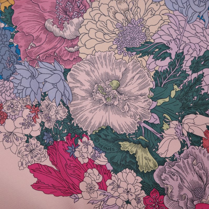 【盒子吊牌在♥️閒置品】Hermès 愛馬仕 Robe Légère 粉色 花神 花卉小馬 絲巾 大方巾 90cm-3
