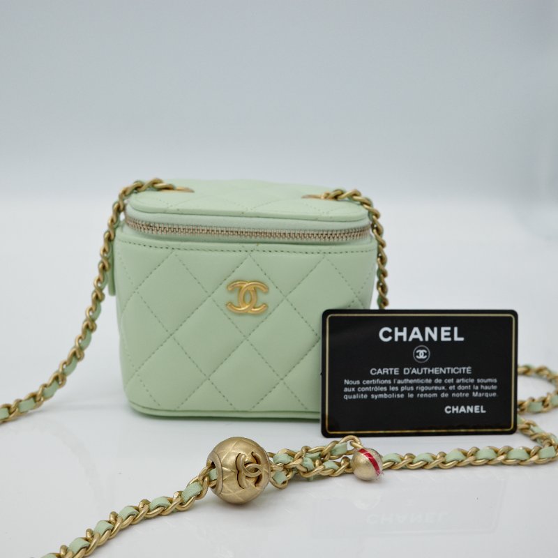CHANEL 香奈兒 酪梨綠 羊皮 小金球 調節扣 方形小盒子 鏈條包-0