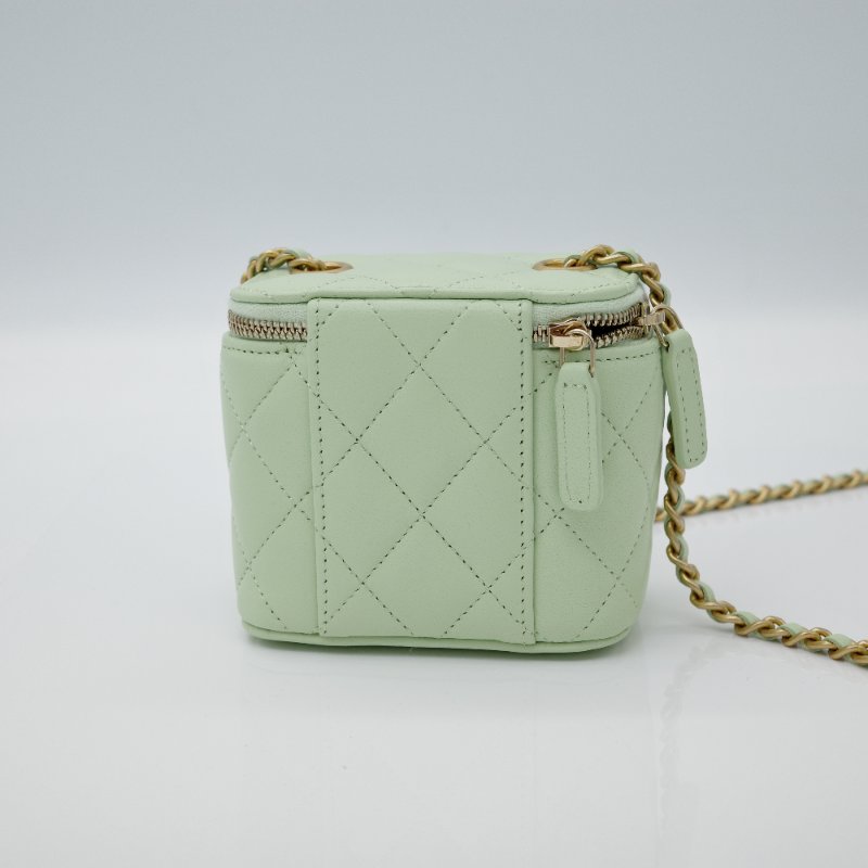 CHANEL 香奈兒 酪梨綠 羊皮 小金球 調節扣 方形小盒子 鏈條包-4