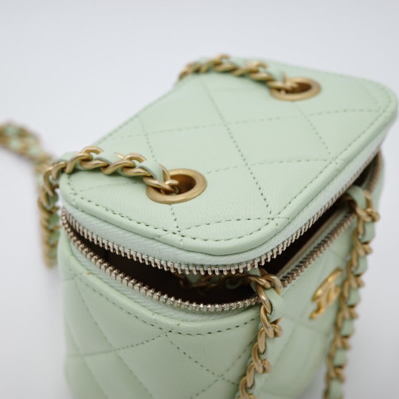CHANEL 香奈兒 酪梨綠 羊皮 小金球 調節扣 方形小盒子 鏈條包-11