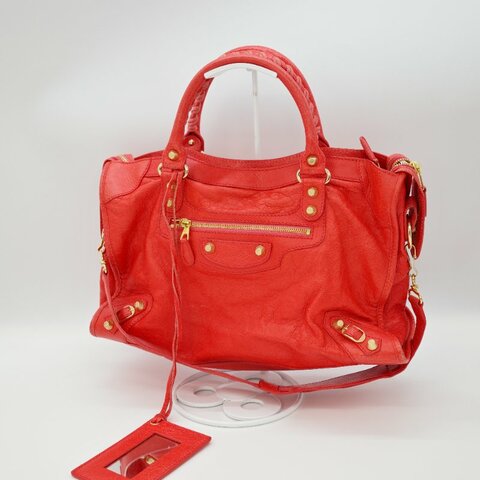 BALENCIAGA 巴黎世家 經典CITY橘紅色 金扣 機車包